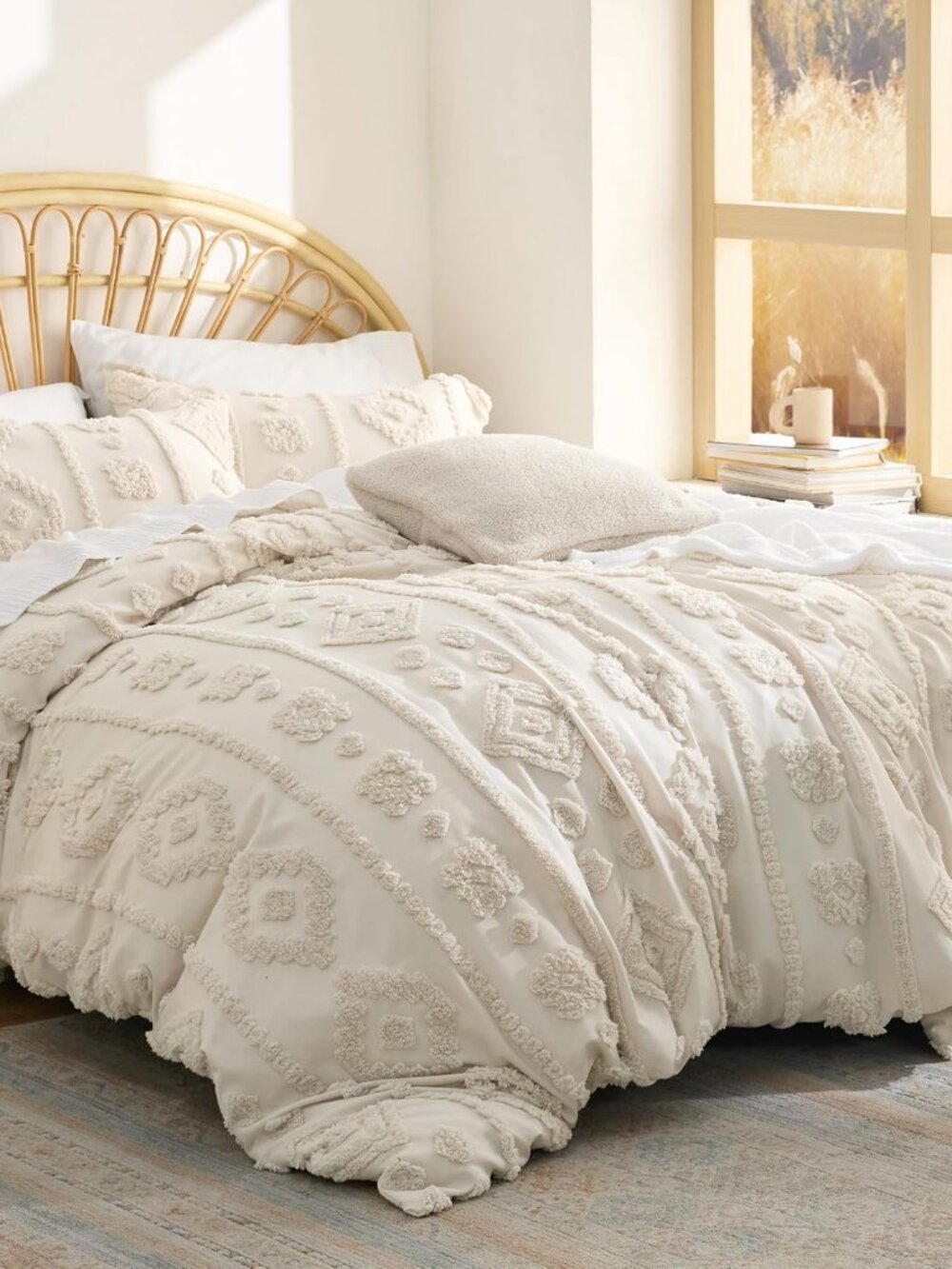 Boho Tufted Beige Comforter Set Queen Size, GentleSoft 3 Pieces Boho Farmhouse-S